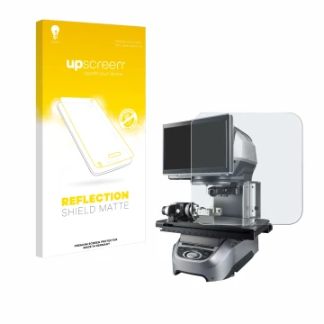 Parte frontale di una confezione del prodotto con il logo del marchio upscreen. Accanto è raffigurato il dispositivo Keyence I