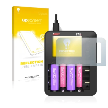 Parte frontale di una confezione del prodotto con il logo del marchio upscreen. Accanto è raffigurato il dispositivo ISDT C4 E