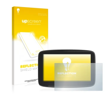 Parte frontale di una confezione del prodotto con il logo del marchio upscreen. Accanto è raffigurato il dispositivo TomTom GO