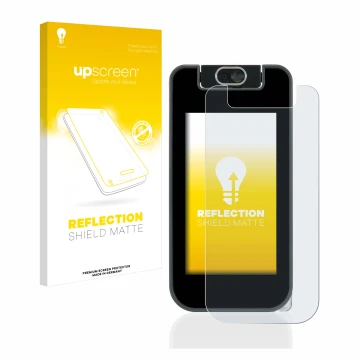 Parte frontale di una confezione del prodotto con il logo del marchio upscreen. Accanto è raffigurato il dispositivo Vtech Kid