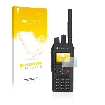 Parte frontale di una confezione del prodotto con il logo del marchio upscreen. Accanto è raffigurato il dispositivo Motorola 