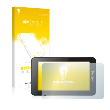 Parte frontale di una confezione del prodotto con il logo del marchio upscreen. Accanto è raffigurato il dispositivo Desview R