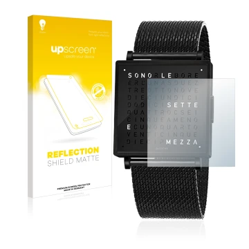 Parte frontale di una confezione del prodotto con il logo del marchio upscreen. Accanto è raffigurato il dispositivo Qlocktwo 