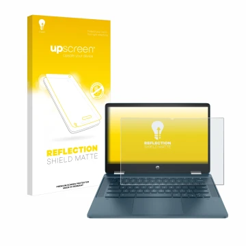 Parte frontale di una confezione del prodotto con il logo del marchio upscreen. Accanto è raffigurato il dispositivo HP Chrome