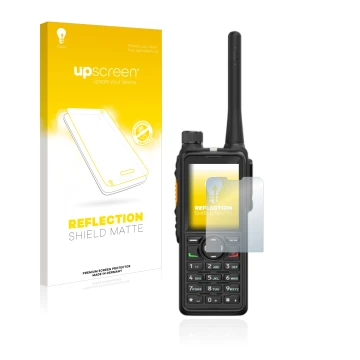 Parte frontale di una confezione del prodotto con il logo del marchio upscreen. Accanto è raffigurato il dispositivo Hytera HP