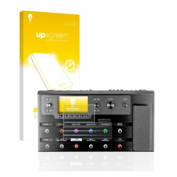 Parte frontale di una confezione del prodotto con il logo del marchio upscreen. Accanto è raffigurato il dispositivo Line 6 He