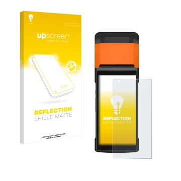 Parte frontale di una confezione del prodotto con il logo del marchio upscreen. Accanto è raffigurato il dispositivo Sunmi V2s