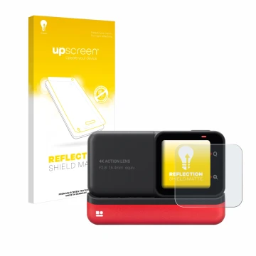 Parte frontale di una confezione del prodotto con il logo del marchio upscreen. Accanto è raffigurato il dispositivo Insta360 