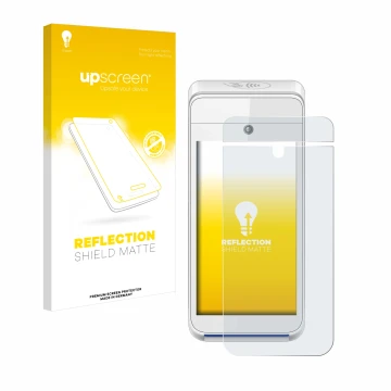 Parte frontale di una confezione del prodotto con il logo del marchio upscreen. Accanto è raffigurato il dispositivo Pax A920 