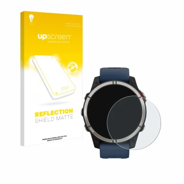 Parte frontale di una confezione del prodotto con il logo del marchio upscreen. Accanto è raffigurato il dispositivo Garmin qu