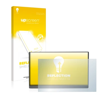 Parte frontale di una confezione del prodotto con il logo del marchio upscreen. Accanto è raffigurato il dispositivo Arzopa 15