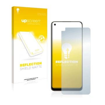 Parte frontale di una confezione del prodotto con il logo del marchio upscreen. Accanto è raffigurato il dispositivo Oppo Reno