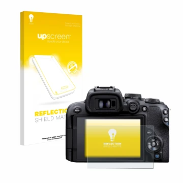 Parte frontale di una confezione del prodotto con il logo del marchio upscreen. Accanto è raffigurato il dispositivo Canon EOS