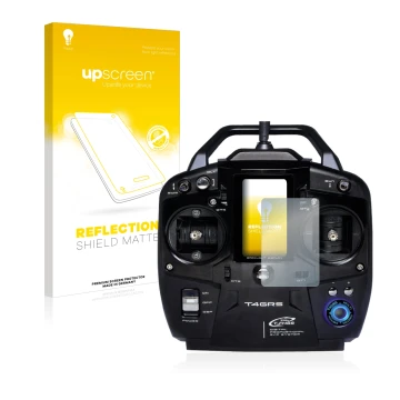 Parte frontale di una confezione del prodotto con il logo del marchio upscreen. Accanto è raffigurato il dispositivo Futaba T4