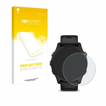 Parte frontale di una confezione del prodotto con il logo del marchio upscreen. Accanto è raffigurato il dispositivo Garmin Fo