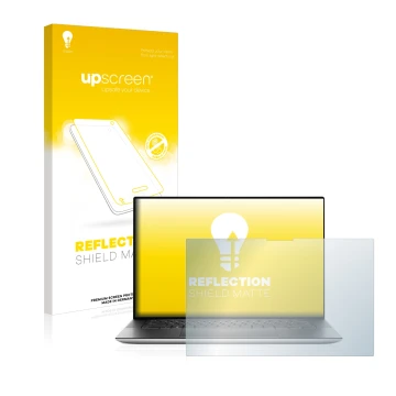 Parte frontale di una confezione del prodotto con il logo del marchio upscreen. Accanto è raffigurato il dispositivo Dell XPS 