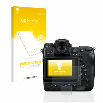 Parte frontale di una confezione del prodotto con il logo del marchio upscreen. Accanto è raffigurato il dispositivo Nikon Z 9