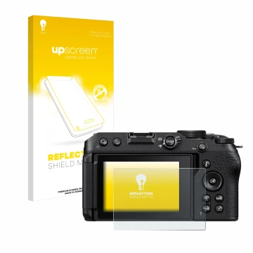 Parte frontale di una confezione del prodotto con il logo del marchio upscreen. Accanto è raffigurato il dispositivo Nikon Z 3