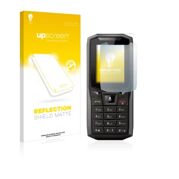 Parte frontale di una confezione del prodotto con il logo del marchio upscreen. Accanto è raffigurato il dispositivo Crosscall