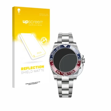 Parte frontale di una confezione del prodotto con il logo del marchio upscreen. Accanto è raffigurato il dispositivo Rolex GMT