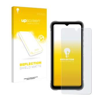 Parte frontale di una confezione del prodotto con il logo del marchio upscreen. Accanto è raffigurato il dispositivo Umidigi B