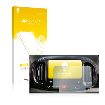 Parte frontale di una confezione del prodotto con il logo del marchio upscreen. Accanto è raffigurato il dispositivo Fiat 500L