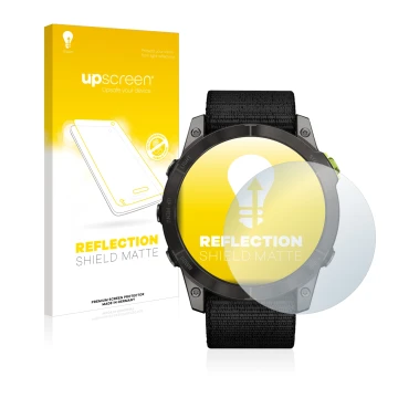 Parte frontale di una confezione del prodotto con il logo del marchio upscreen. Accanto è raffigurato il dispositivo Garmin En