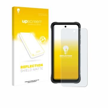 Parte frontale di una confezione del prodotto con il logo del marchio upscreen. Accanto è raffigurato il dispositivo Umidigi B