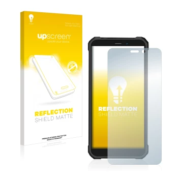 Parte frontale di una confezione del prodotto con il logo del marchio upscreen. Accanto è raffigurato il dispositivo Oukitel W