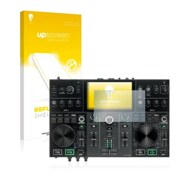 Parte frontale di una confezione del prodotto con il logo del marchio upscreen. Accanto è raffigurato il dispositivo Denon DJ 