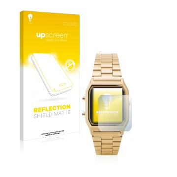 Parte frontale di una confezione del prodotto con il logo del marchio upscreen. Accanto è raffigurato il dispositivo Casio AQ-