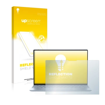 Parte frontale di una confezione del prodotto con il logo del marchio upscreen. Accanto è raffigurato il dispositivo Dell XPS 