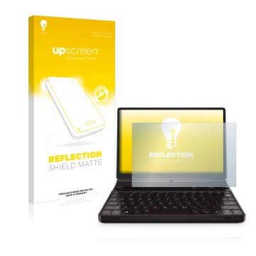 Parte frontale di una confezione del prodotto con il logo del marchio upscreen. Accanto è raffigurato il dispositivo GPD Win M