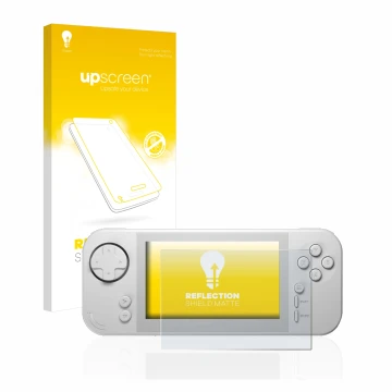 Parte frontale di una confezione del prodotto con il logo del marchio upscreen. Accanto è raffigurato il dispositivo Evercade 