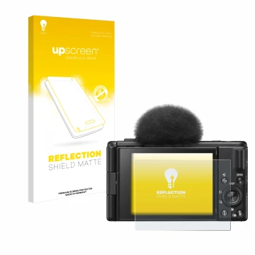 Parte frontale di una confezione del prodotto con il logo del marchio upscreen. Accanto è raffigurato il dispositivo Sony ZV-1