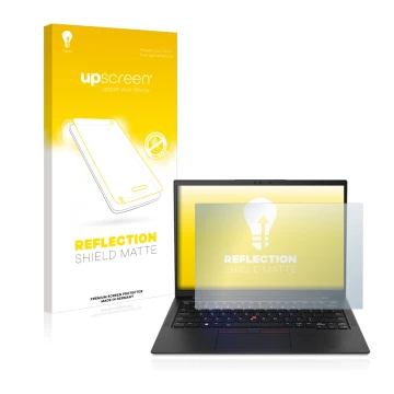 Parte frontale di una confezione del prodotto con il logo del marchio upscreen. Accanto è raffigurato il dispositivo Lenovo Th