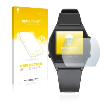 Parte frontale di una confezione del prodotto con il logo del marchio upscreen. Accanto è raffigurato il dispositivo Casio LW-