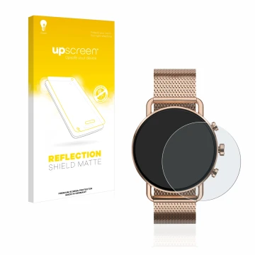 Parte frontale di una confezione del prodotto con il logo del marchio upscreen. Accanto è raffigurato il dispositivo Skagen Fa