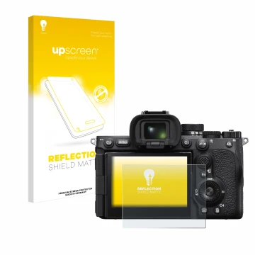 Parte frontale di una confezione del prodotto con il logo del marchio upscreen. Accanto è raffigurato il dispositivo Sony Alph