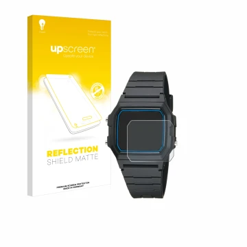 Parte frontale di una confezione del prodotto con il logo del marchio upscreen. Accanto è raffigurato il dispositivo Casio F-1