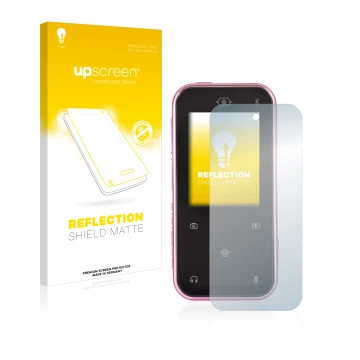 Parte frontale di una confezione del prodotto con il logo del marchio upscreen. Accanto è raffigurato il dispositivo Vtech Kid