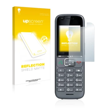 Parte frontale di una confezione del prodotto con il logo del marchio upscreen. Accanto è raffigurato il dispositivo Gigaset S