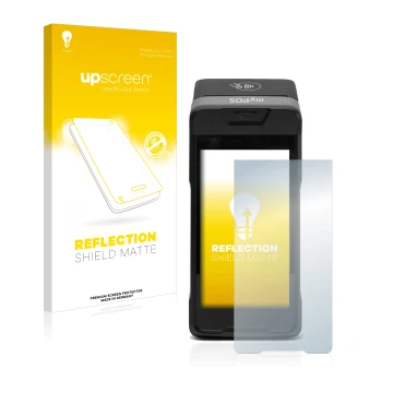 Parte frontale di una confezione del prodotto con il logo del marchio upscreen. Accanto è raffigurato il dispositivo myPOS Car
