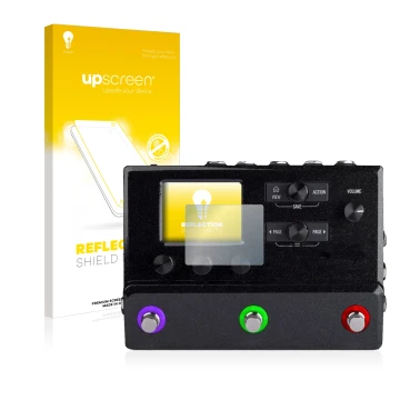 Parte frontale di una confezione del prodotto con il logo del marchio upscreen. Accanto è raffigurato il dispositivo Line 6 hx
