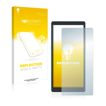 Parte frontale di una confezione del prodotto con il logo del marchio upscreen. Accanto è raffigurato il dispositivo Hisense T