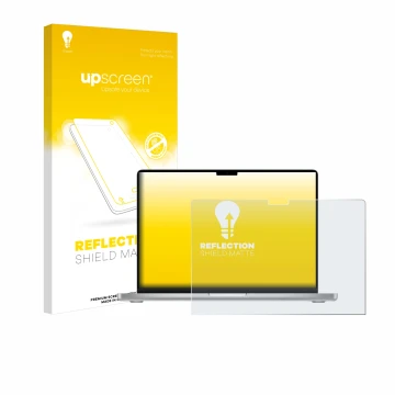 Parte frontale di una confezione del prodotto con il logo del marchio upscreen. Accanto è raffigurato il dispositivo Apple Mac