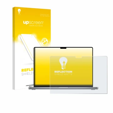 Parte frontale di una confezione del prodotto con il logo del marchio upscreen. Accanto è raffigurato il dispositivo Apple Mac