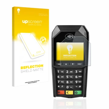 Parte frontale di una confezione del prodotto con il logo del marchio upscreen. Accanto è raffigurato il dispositivo ingenico 