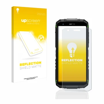 Parte frontale di una confezione del prodotto con il logo del marchio upscreen. Accanto è raffigurato il dispositivo Doogee S4
