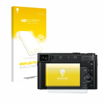 Parte frontale di una confezione del prodotto con il logo del marchio upscreen. Accanto è raffigurato il dispositivo Panasonic